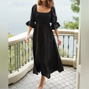 Beachwood Baby The Deia Dress in Noir Black One Size 100% Linen Maternity Boho